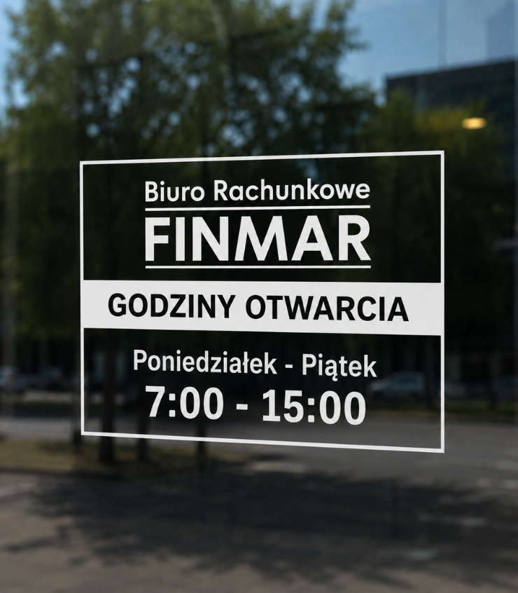 Tabliczka z godzinami otwarcia biura FINMAR: poniedziałek–piątek 7:00–15:00